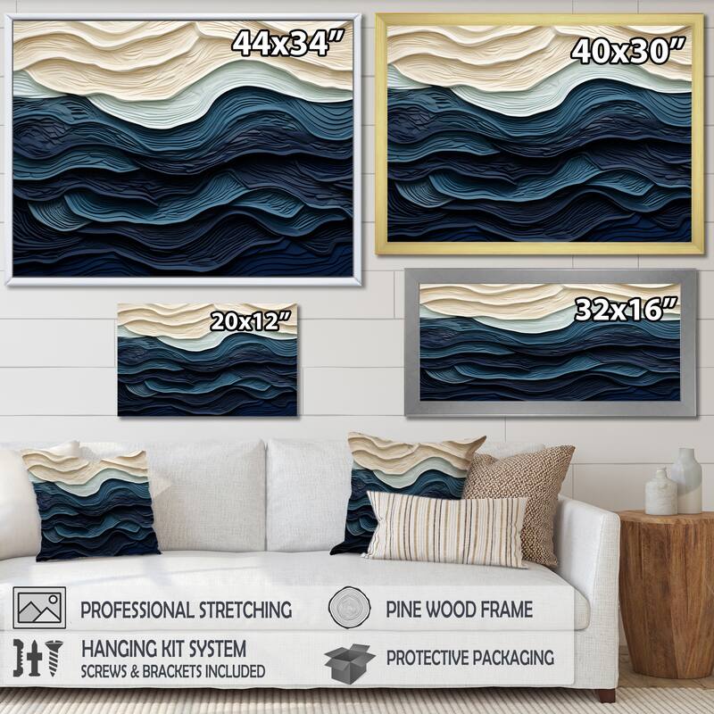 Designart "Blue And White Coastal Wave S Edge" Coastal Minimalism Blue Wall Decor Coastal Living Room Framed Canvas Art