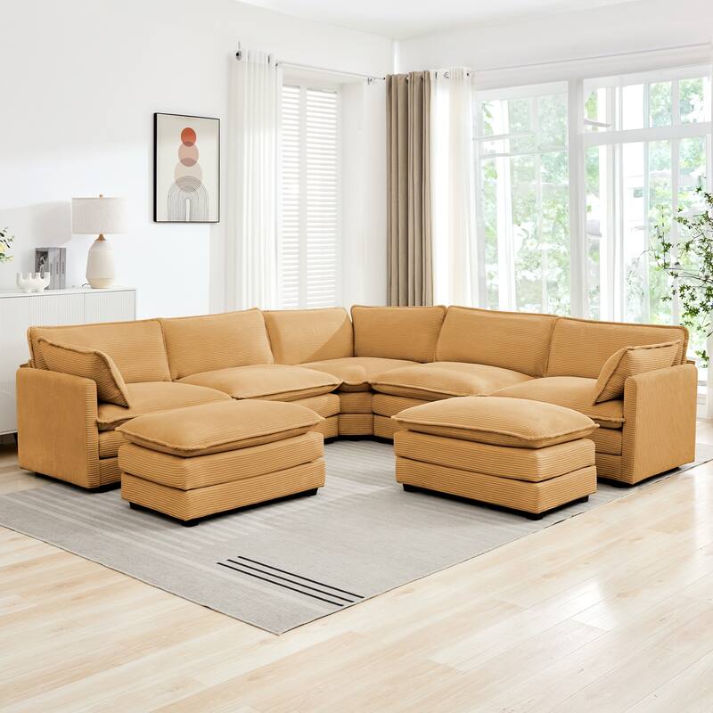 7-Seater Corduroy Sectional Sofa with 2 Removable Ottomans & Corner Seat, Soft & Comfortable - 5 Seats with 2 Ottoman - Mineral Yellow