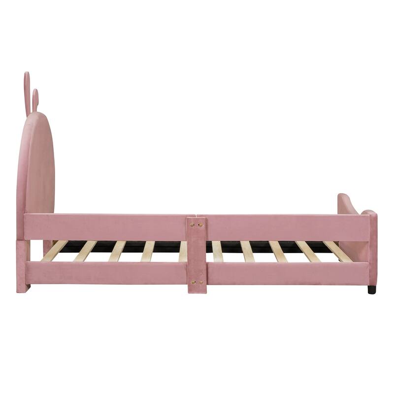 Playful Twin Daybed with Rabbit Ear Headboard, Velvet Upholstery, and Sturdy Wood Frame for Kids' Rooms