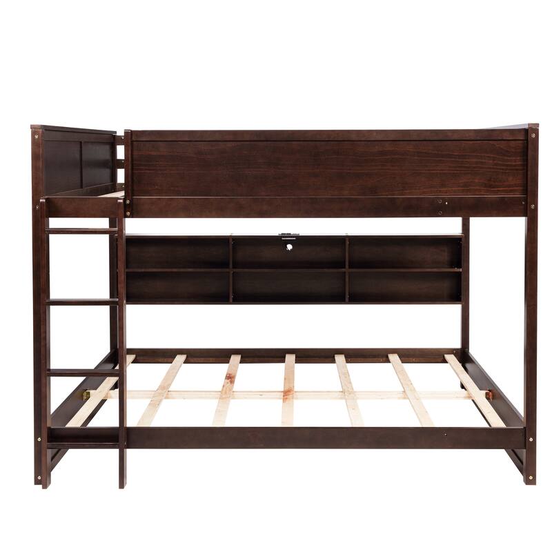 Queen Size Wood Bunk Bed with Built In Bookcase and Charging Station, Queen over Queen Low Bunk Bed Frame, No Box Spring Needed