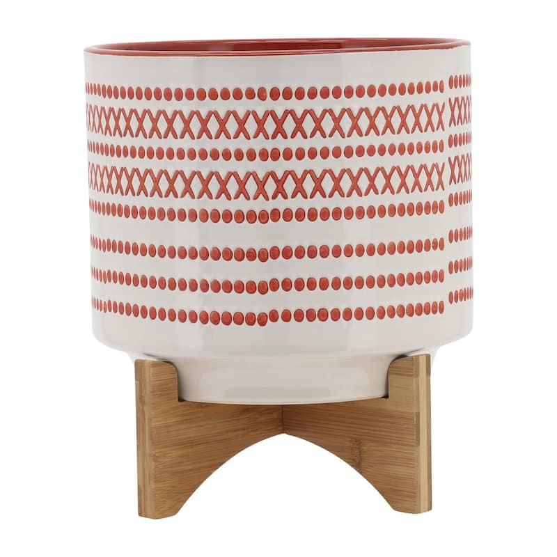 10-inch Ceramic Planter with Wood Stand,Orange