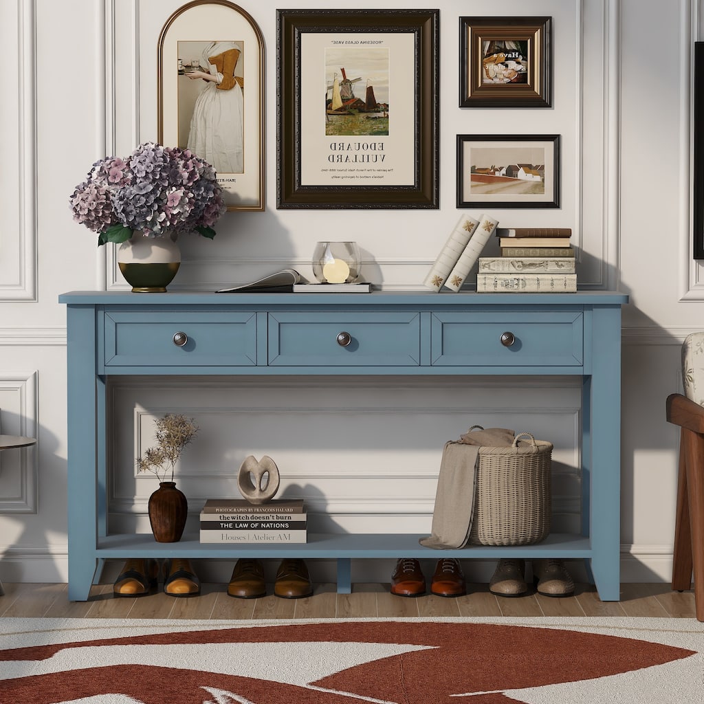 55.4" Modern Entryway Console Table with Three Storage Drawers,Sideboard with Poplar Legs and Metal Handles