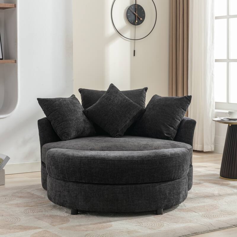 Roomfitters Modern 360° Swivel Barrel Chair with Hidden Storage Ottoman, Chenille Upholstery and Four Pillows