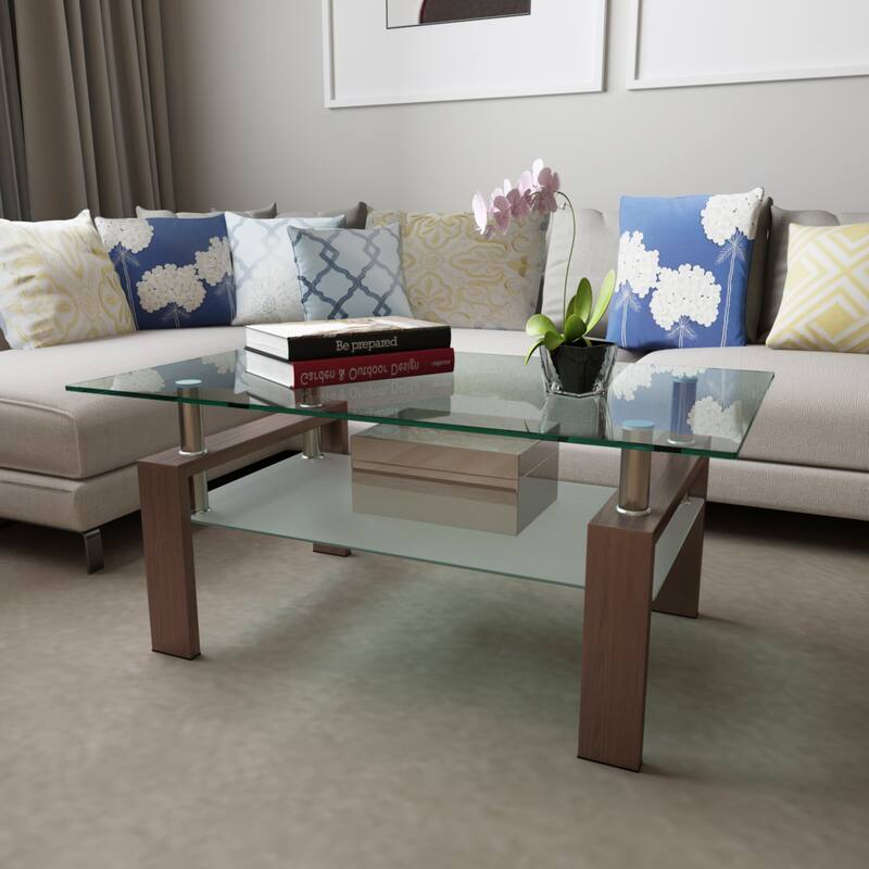 Rectangle Glass Coffee Table with Storage Shelf