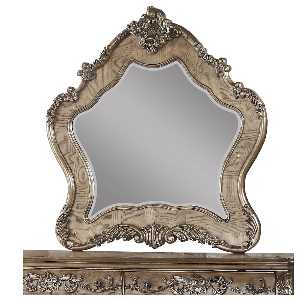 Wooden Mirror with Scrollwork Crown and Trim Details, Brown and Silver