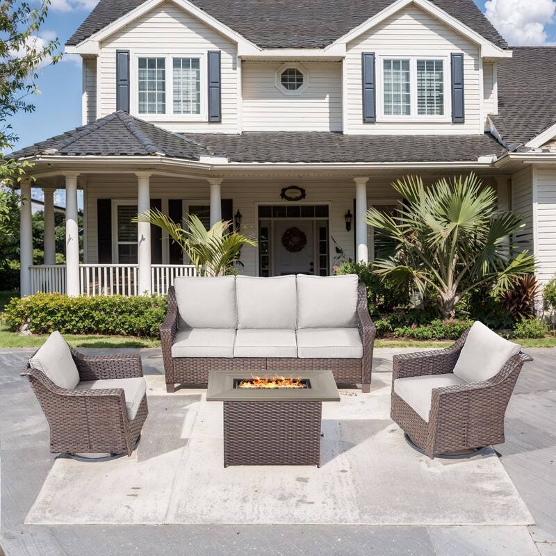 Outdoor Fire Table with Patio Funiture Set - Brwon Wicker Beige Cushion - 4PCS Sofa Chair with Fire Table