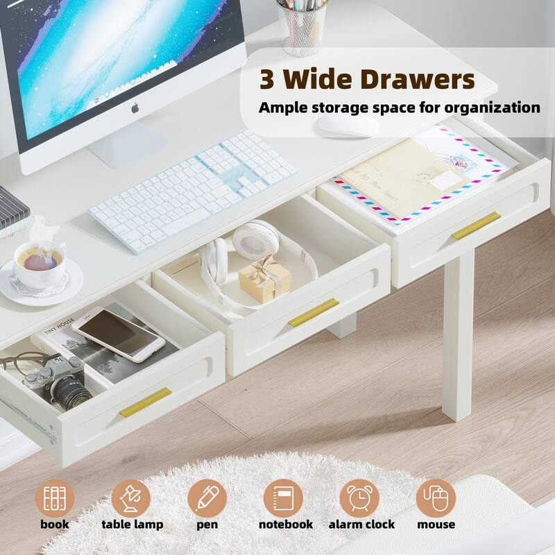 Cream White Vanity Desk with 3 Drawers, Modern Makeup Table or Writing Desk, Multipurpose Dressing Table, No Mirror Included