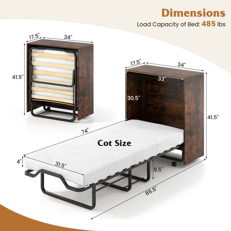 Rustic Brown Metal Murphy Bed with Memory Foam Mattress Convertible Storage Cabinet