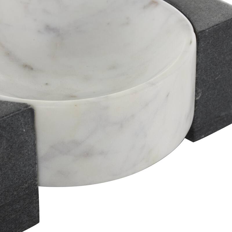 Marble Geometric Round Tray with Black Rectangular Blocks - White - Roche River Decor