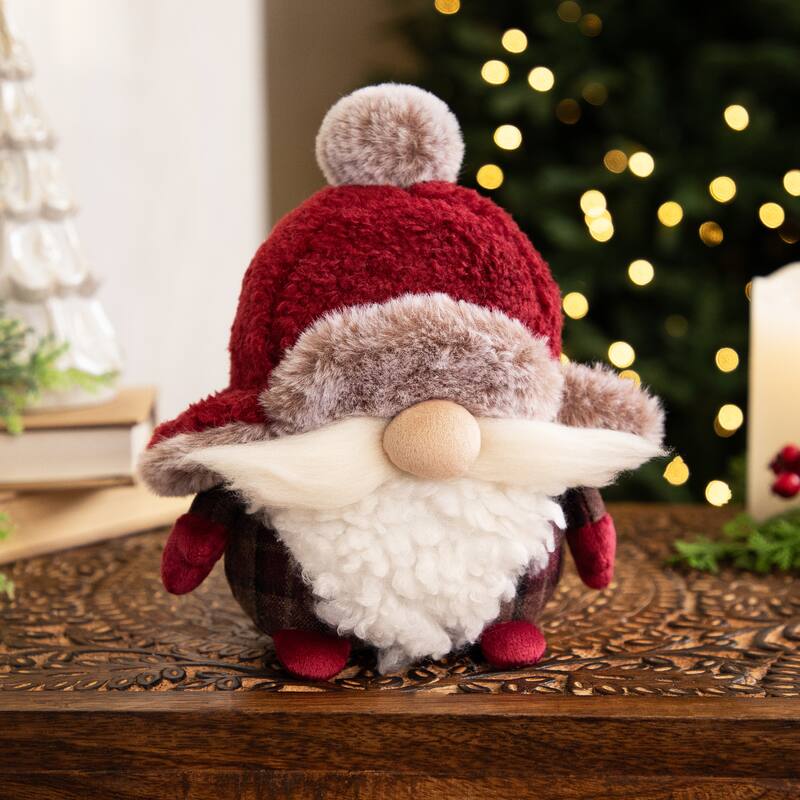 Plush Gnome Christmas Figure in Winter Trapper Hat - 7.75" - Maroon and Brown