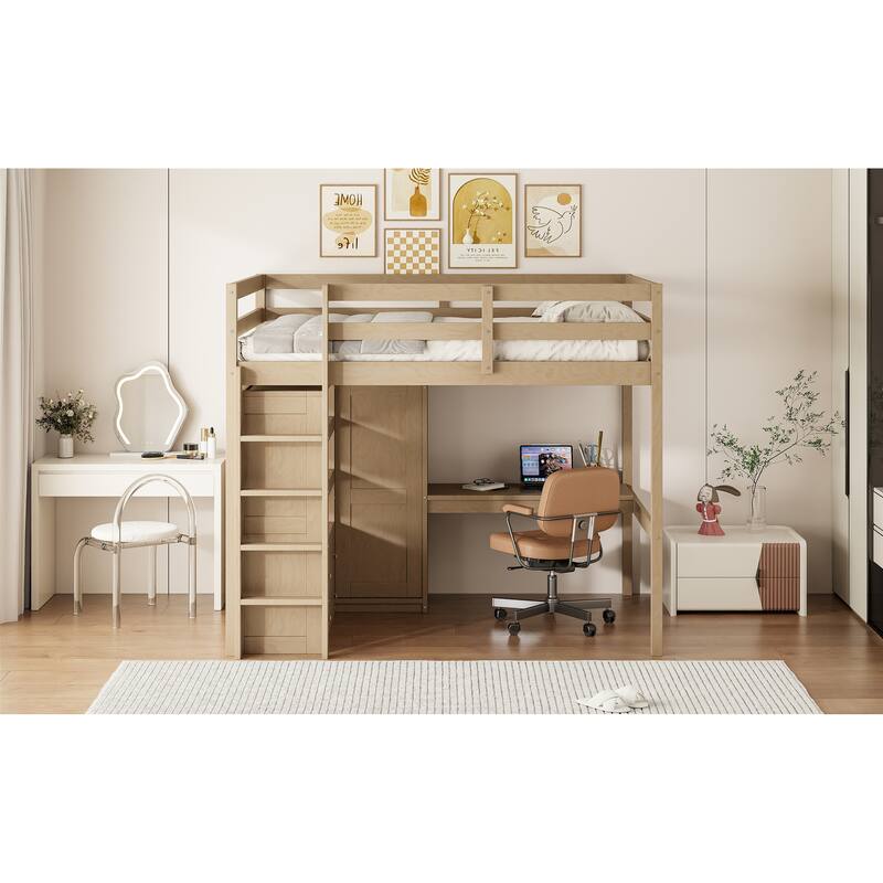Full Size Wood Loft Bed - Built-in Wardrobe, Desk, Storage Shelves & Drawers Included