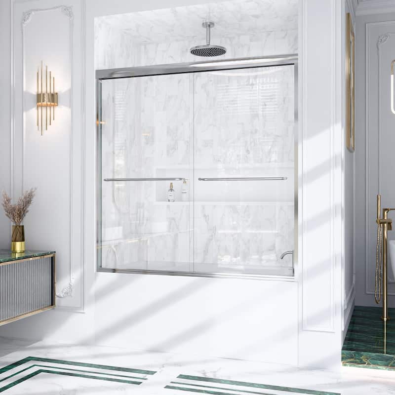 GDFStudio - Modern Minimalist Semi-Frameless Double Sliding Shower Door with 1/4" SGCC Tempered Glass & Stainless Steel Handle