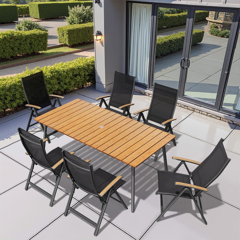 7/9-Piece Outdoor Rectangle Aluminum Dining Table with Umbrella Hole include Folding Chairs - 70in-BrownTable-7PC