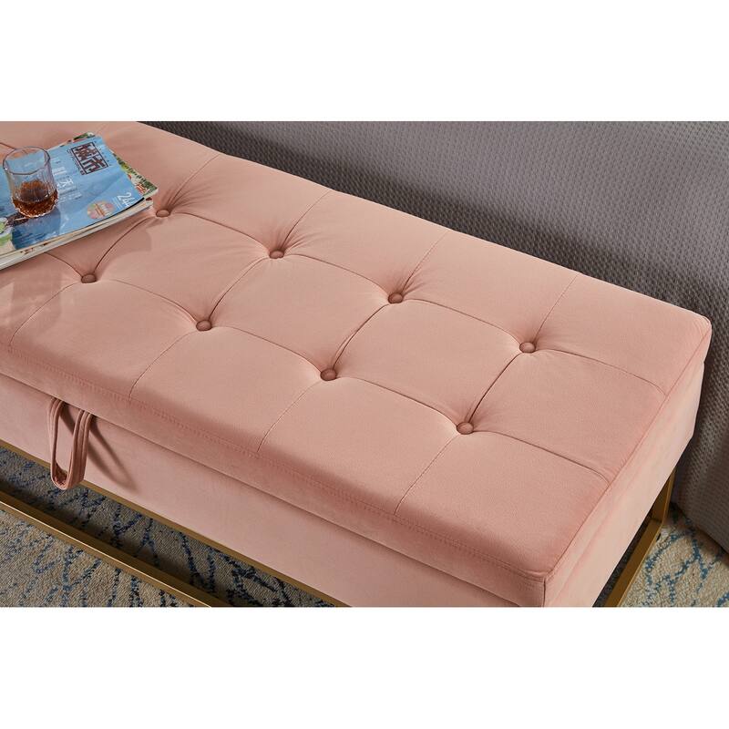 Velvet Upholstered Storage Seat Leisure Stool with Metal Frame, Exquisite End of Bed Corridor Stool with Button Tufting