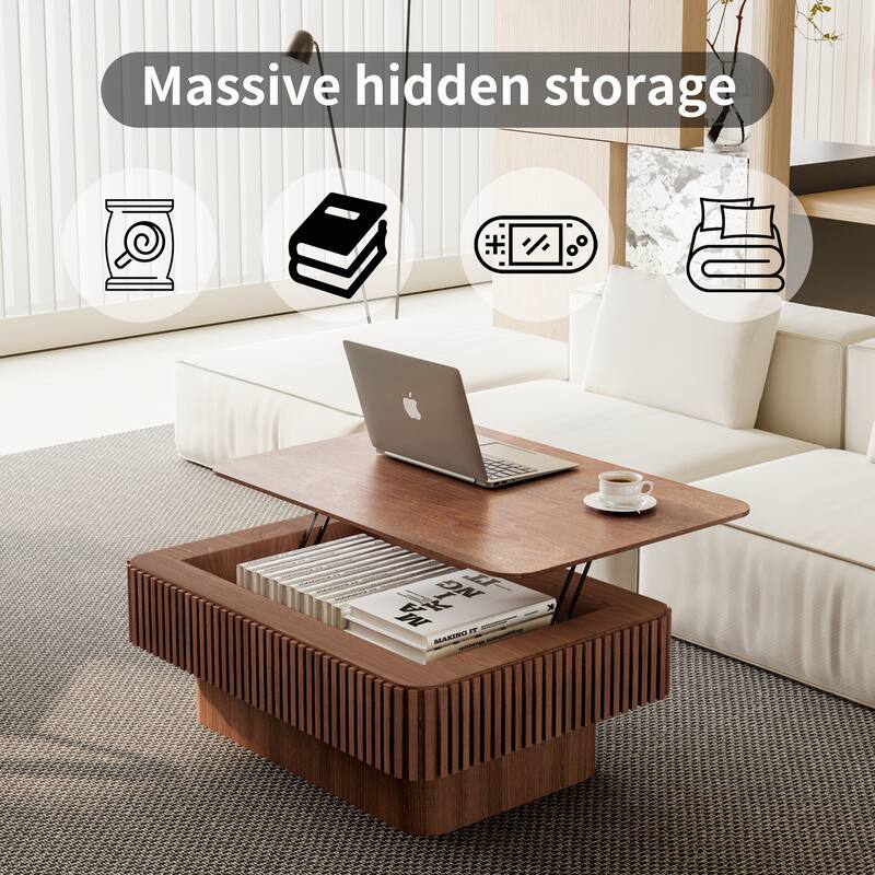 38.6" Fluted Lift-top Coffee Table, Coffee Table Accent Tea Table with Storage and Adjustable Height for Living Room
