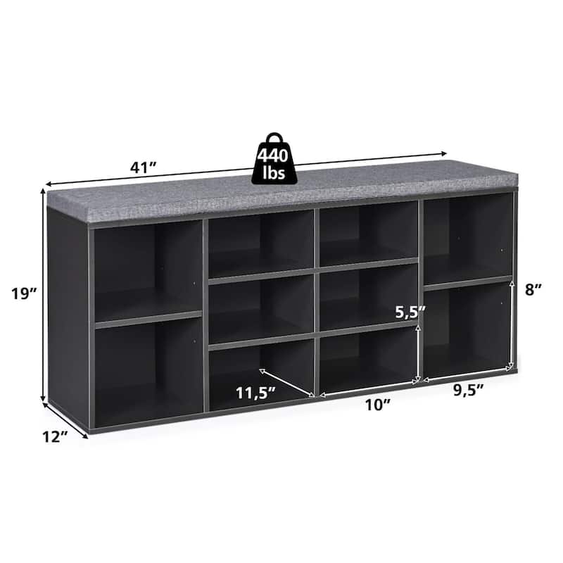 Gymax Entryway Padded Shoe Storage Bench 10-Cube Organizer Bench - 41'' x 12'' x 19''