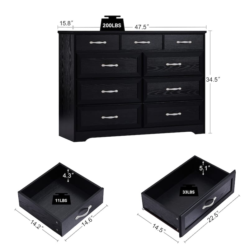 9 Drawer Long Dresser With Antique Handles