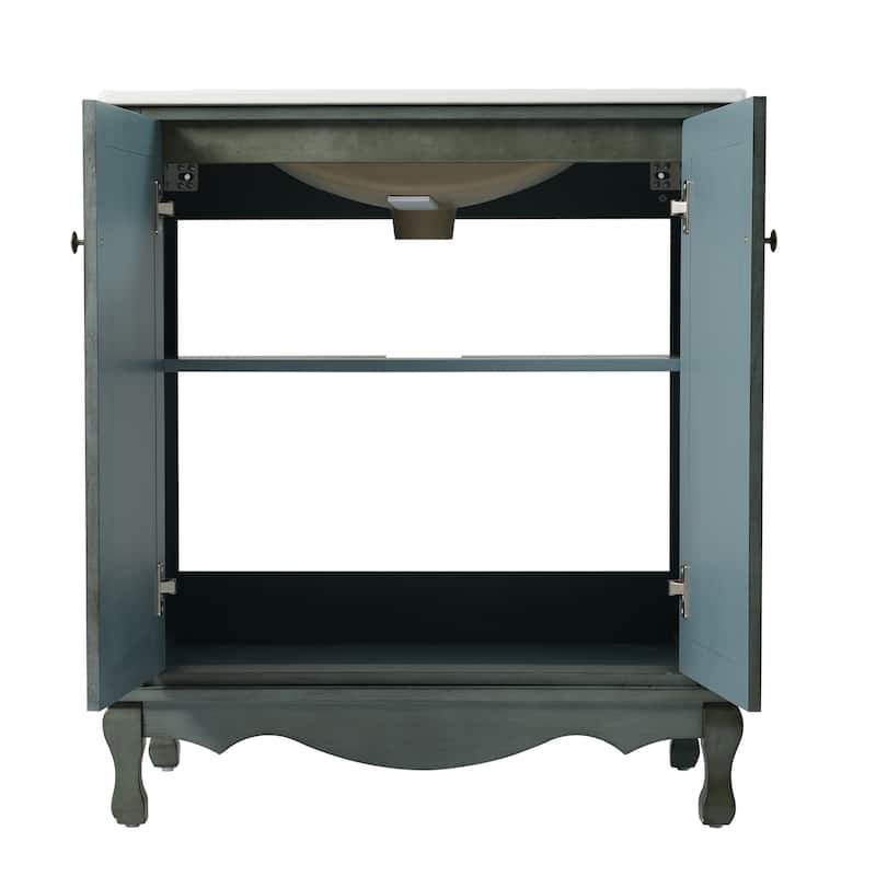 30" Bathroom Vanity with Rectangle Ceramic Sink, Antique Handles and 2 Doors, Solid Wood Legs and Adjustable shelves