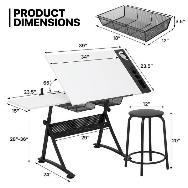 Height-Adjustable Art Drafting Table with Tiltable Tabletop and Storage ...
