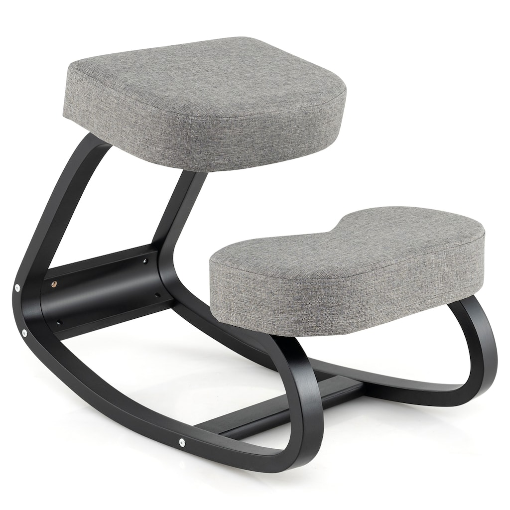 Ergonomic Grey-Black Wooden Rocking Kneeling Chair with Cushioned Seat and Kneepad - 28" x 18" x 22"