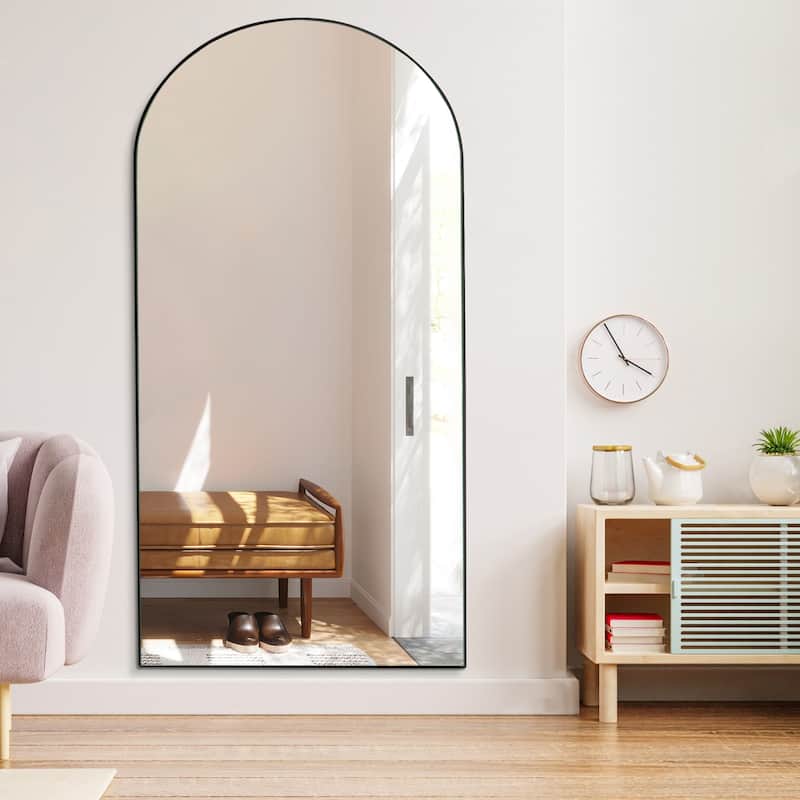 Arched Floor Mirror With Stand,Wood Frame Full Length Mirror,Wall-Mounted Mirror