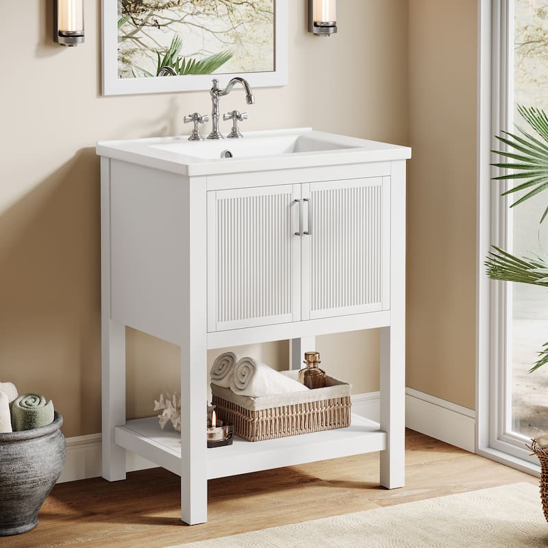 24" Single Bathroom Vanity with Ceramic Sink, Solid Rubberwood Frame & Open Storage Shelf