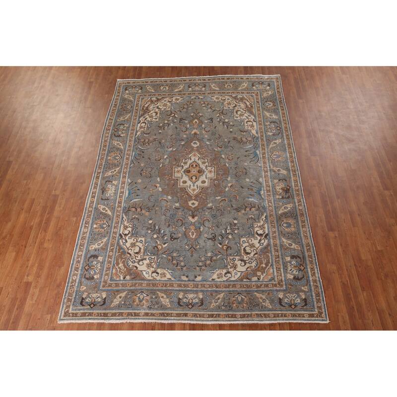 Gray Distressed Tabriz Vintage Persian Area Rug Handmade Wool Carpet - 7'7" x 11'2"
