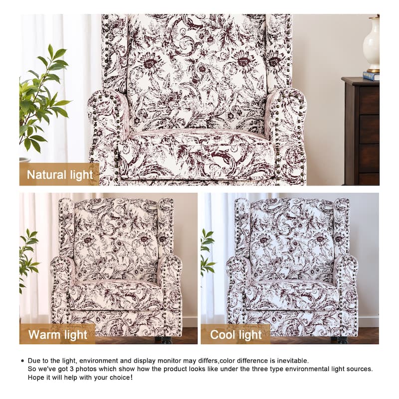 Traditional Floral Patterned Wingback Armchair with Nailhead Trim
