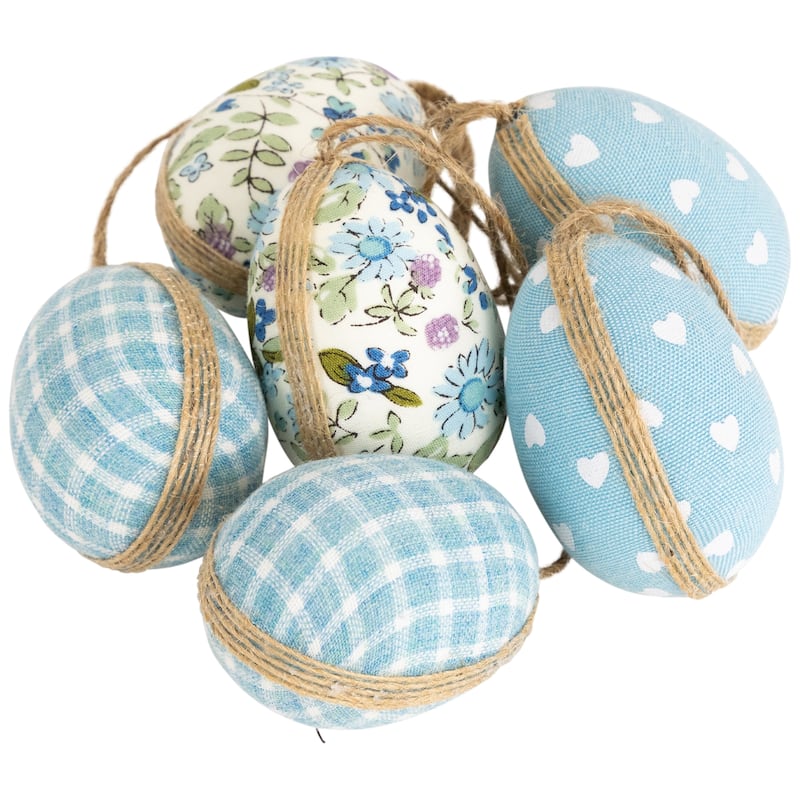 Fabric Easter Egg Ornament Decorations - 5.75" - Blue - Set of 6
