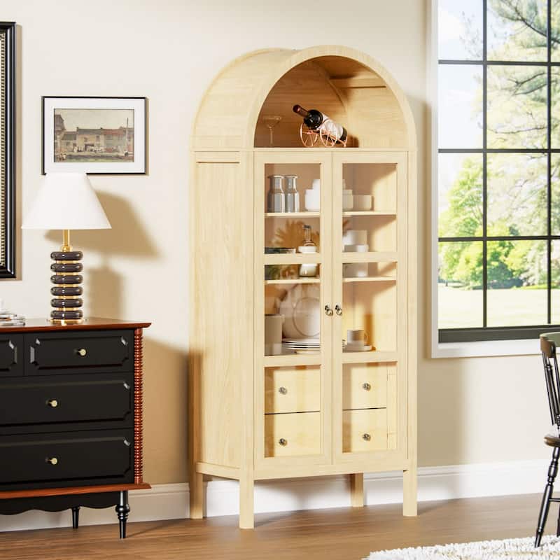 Modern Arched Cabinet with Glass Doors,72" Tall Arch Storage Cabinet with Height Adjustable Shelf and 2 Drawers Bookshelf