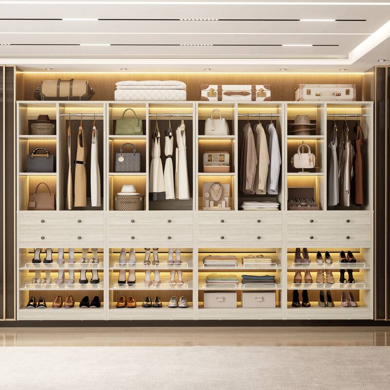 Grimm 28'' Closet Organizer with Shoe Racks and Drawers, Closet System with Hanging Rod and Adjustable Shelves - 4pcs - Washed Oak
