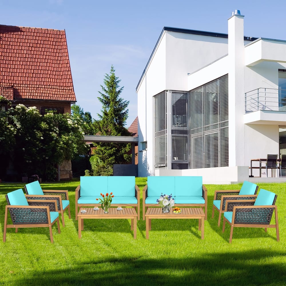 Costway 8PCS Patio Rattan Furniture Set Acacia Wood Cushioned Sofa Off