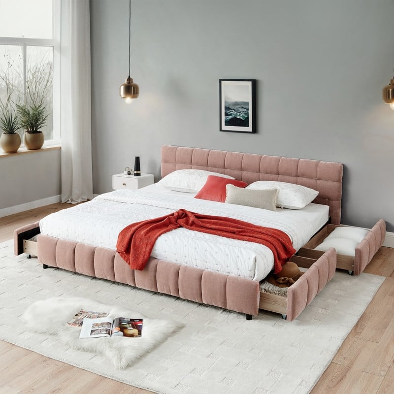 King size Chenille fabric Upholstered Platform Bed with Headboard and Drawers - Pink