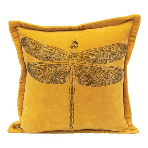 Cotton Velvet Pillow with Printed Dragonfly, Mustard Color