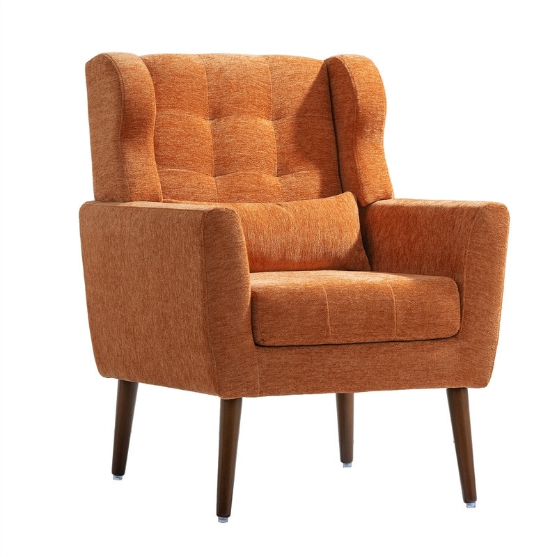 Modern Chenille Upholstered Armchair with Pillow and Solid Wood Leg