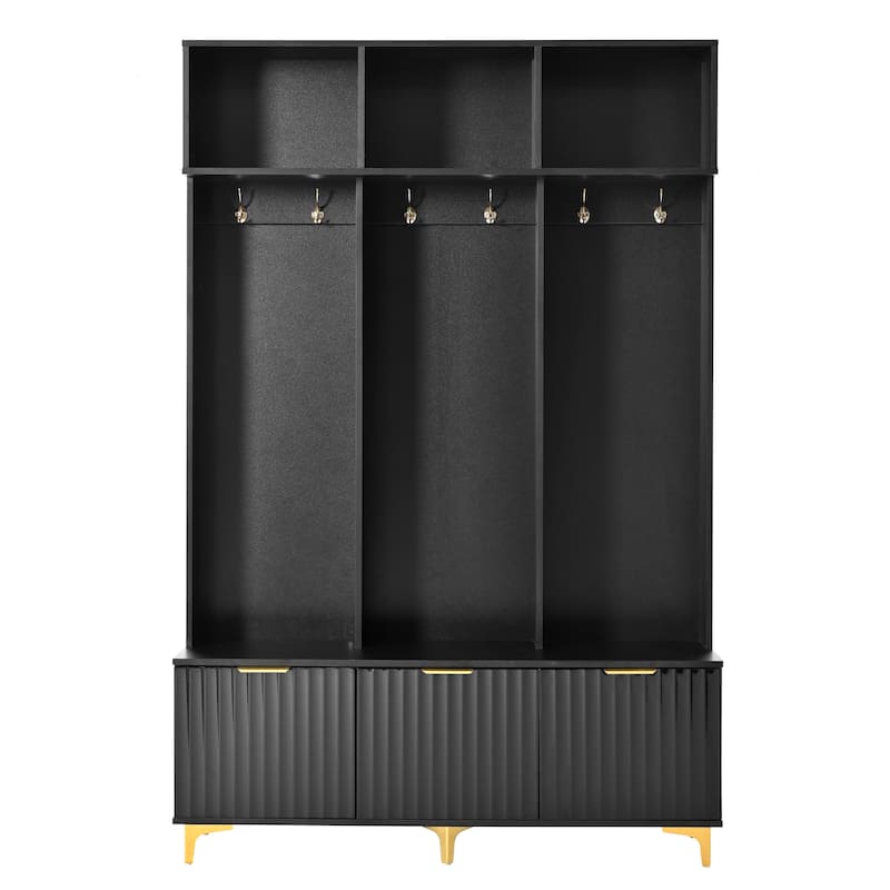 3-in-1 Hall Tree with Storage Bench & Shoe Storage, Glossy Fluted Cabinet Coat Rack with Gold Handles and Legs