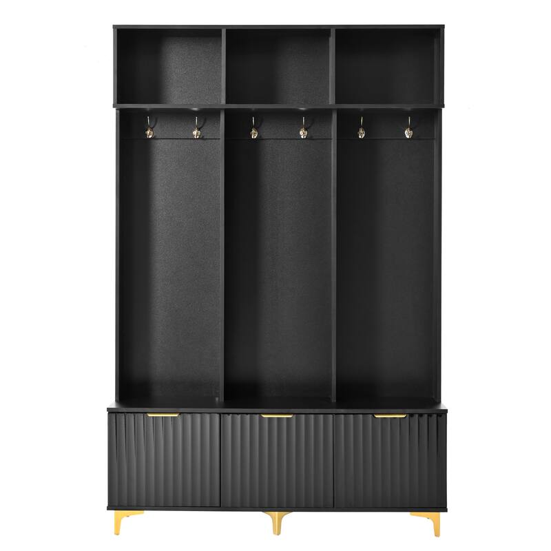 Large Storage Hall Tree with 6 Gold Hooks, Wood Storage Bench with Fluted Doors & Coat Rack for Entryway, Living Room