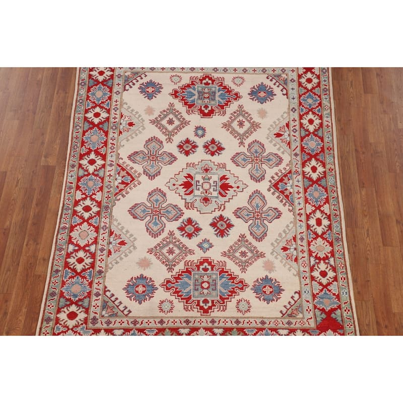 Geometric Kazak Oriental Rug Hand-Knotted Bedroom Wool Carpet - 5'0" x 6'10"