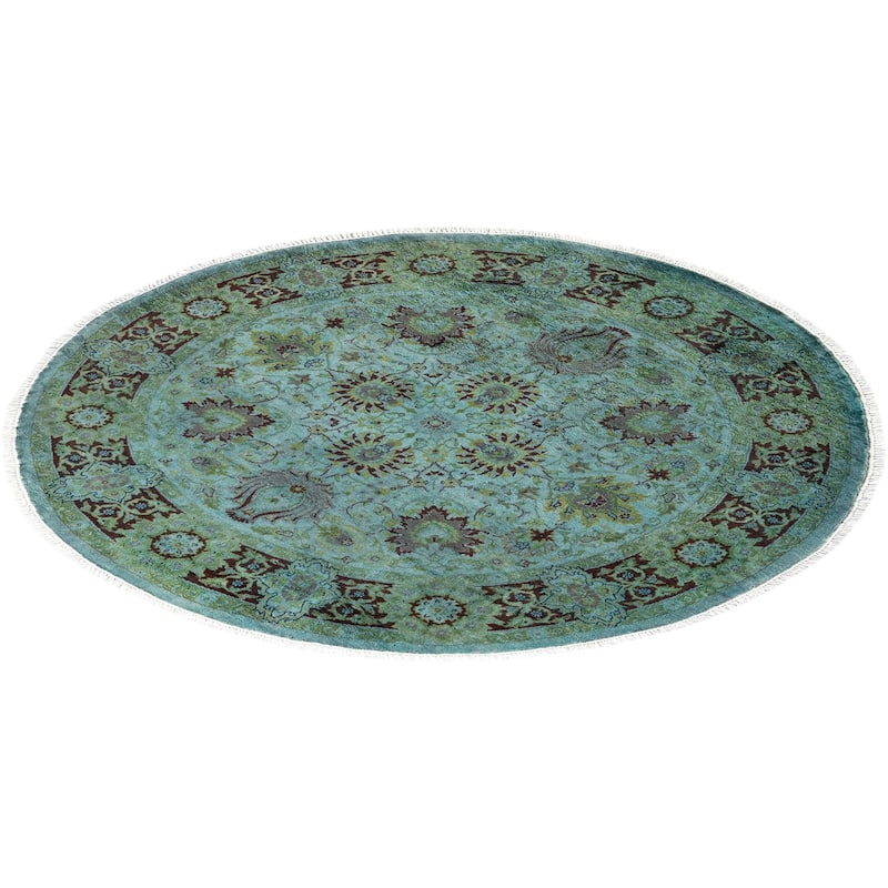Overton Hand Knotted Wool Vintage Inspired Modern Contemporary Overdyed Blue Round Area Rug - 4' 1" x 4' 1"