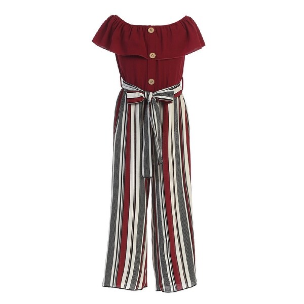 Just Kids Burgundy Ruffled Striped Jumpsuit Little Girls - Overstock ...