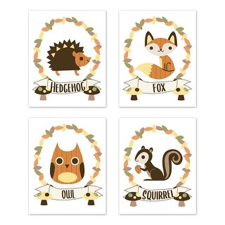Woodland Forest Animal Wall Decor Art Prints (Set of 4) - Leaf Rustic Owl Hedgehog Squirrel
