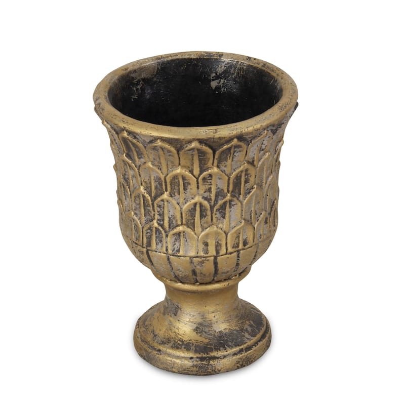 HomeRoots 7" Antiqued Brass Textural Tone On Tone Cement Indoor Outdoor Round Urn Planter