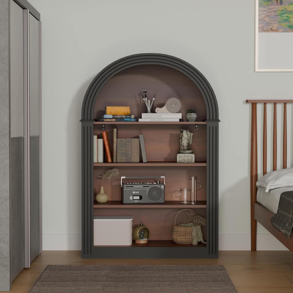 4-Shelf Tall Bookshelf, 45.66" Wood Open Display Floor Arched Bookcase, Large Storage Organizer for Bedroom Living Room