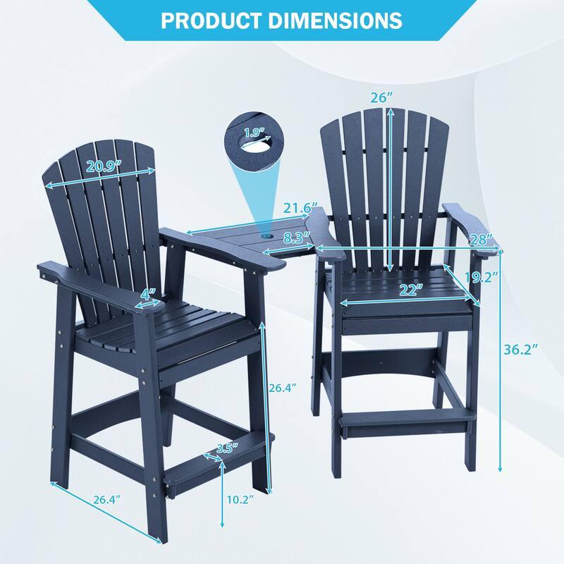 Aoodor Tall Adirondack Chairs Set of 2,HDPE Patio Bar Stool