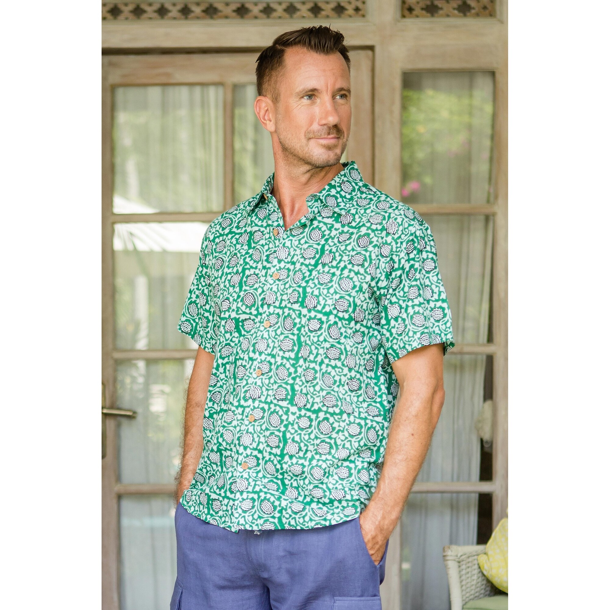 Novica Handmade Aqua Lotus Mens Cotton Shirt - Bed Bath & Beyond - 41280939