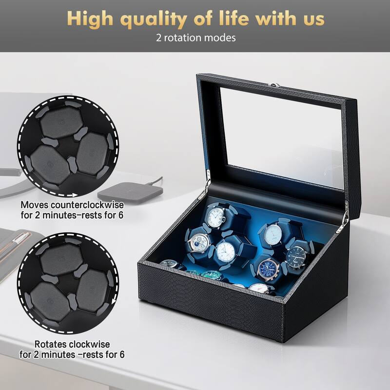 Luxury Watch Winder Box for 6 Watches with LED Lighting, Silent Motor, Memory Foam Cushions