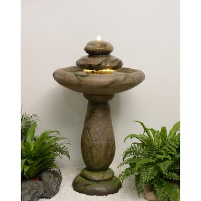 Stone Pedestel Fountain Bird Bath With Warm White LED & Strip Light