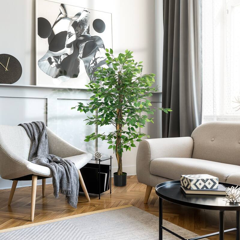 5ft Artificial Ficus with Pot, Indoor Outdoor Fake Plant