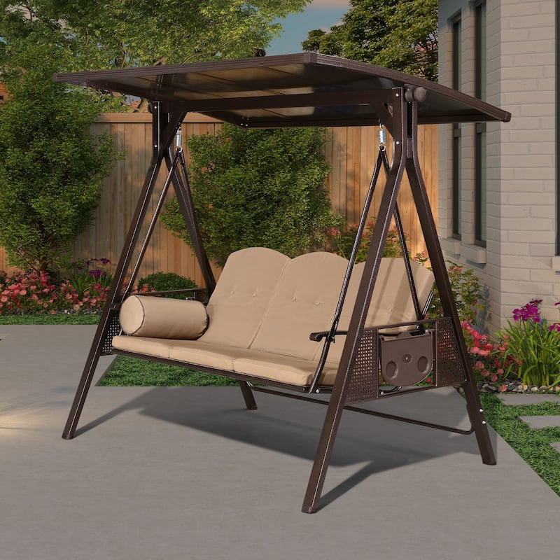 PURPLE LEAF 3-seat Outdoor Porch Swing with Adjustable PVC Canopy - 70.86"(H) X 76.77"(W) X 47.24"(D) - Brown