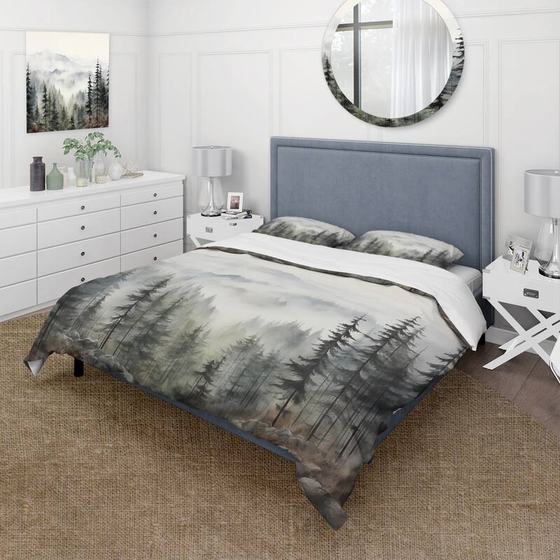 Designart "Pine Tree Misty Mountain II" Green Traditional - Bedding Set With Shams
